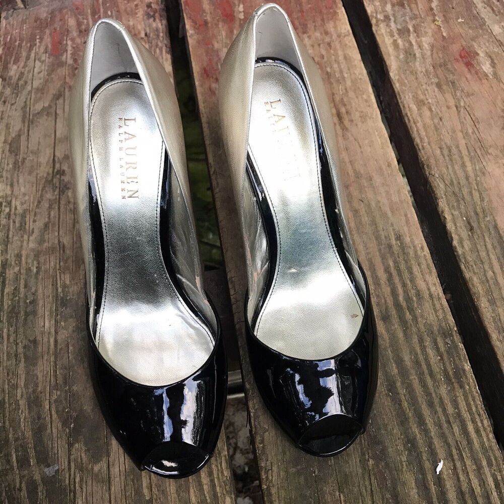 Lauren Ralph Lauren Aaralyn Silver Black Patent Leather Peep Toe Pumps Size 7.5